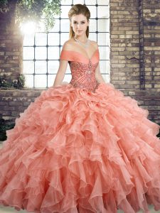 Simple Beading and Ruffles Quinceanera Dress Peach Lace Up Sleeveless Brush Train