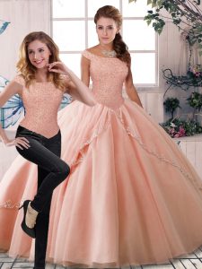 Pretty Sleeveless Beading Lace Up Ball Gown Prom Dress with Peach Brush Train