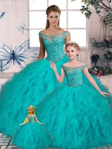 Off The Shoulder Sleeveless Tulle Quinceanera Gowns Beading and Ruffles Brush Train Lace Up