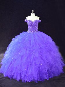 Purple Sleeveless Floor Length Beading Lace Up Sweet 16 Dresses