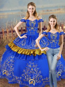 Chic Blue 15th Birthday Dress Sweet 16 and Quinceanera with Embroidery and Ruffled Layers Off The Shoulder Sleeveless La