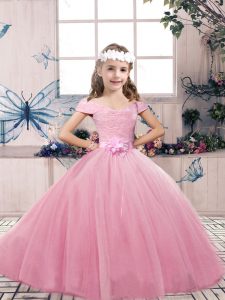 Pink Little Girls Pageant Dress Party and Wedding Party with Lace and Bowknot Off The Shoulder Sleeveless Lace Up