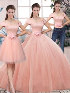 Glamorous Short Sleeves Tulle Floor Length Lace Up Quinceanera Gowns in Pink with Lace and Hand Made Flower