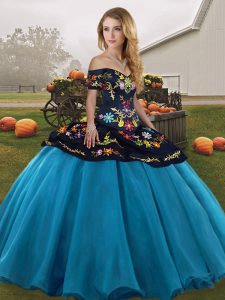 Fine Off The Shoulder Sleeveless 15th Birthday Dress Floor Length Embroidery Blue And Black Tulle