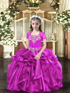 Simple Organza Straps Sleeveless Lace Up Beading and Ruffles Little Girl Pageant Dress in Fuchsia