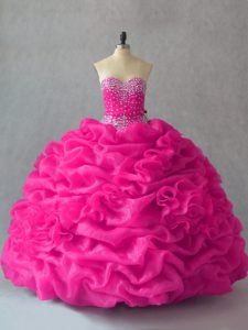 Flare Fuchsia Sweetheart Lace Up Beading and Pick Ups and Hand Made Flower Quinceanera Dress Sleeveless