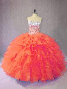 Lovely Floor Length Orange 15th Birthday Dress Organza Sleeveless Beading and Ruffles
