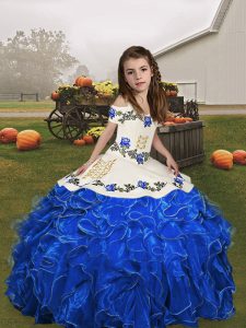 Cute Royal Blue Straps Lace Up Embroidery and Ruffles Little Girls Pageant Gowns Sleeveless