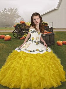 Ball Gowns Girls Pageant Dresses Gold Straps Organza Sleeveless Floor Length Lace Up