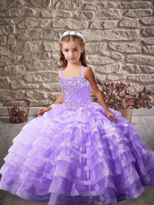 Beauteous Sleeveless Brush Train Beading and Ruffled Layers Lace Up Little Girl Pageant Gowns