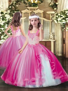 Floor Length Lace Up Kids Formal Wear Hot Pink for Party and Sweet 16 and Wedding Party with Beading