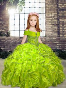 Floor Length Lace Up Kids Formal Wear Olive Green for Party and Wedding Party with Beading