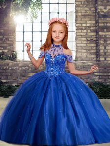 Classical Royal Blue Ball Gowns High-neck Sleeveless Floor Length Lace Up Beading and Ruffles Little Girl Pageant Dress