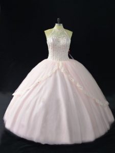 Pink Sleeveless Tulle Lace Up Sweet 16 Dresses for Sweet 16 and Quinceanera