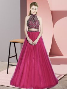 Modern A-line Sleeveless Hot Pink Prom Gown Backless