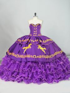 Embroidery and Ruffled Layers 15th Birthday Dress Purple Lace Up Sleeveless Brush Train