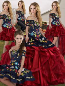 Red And Black Sleeveless Embroidery and Ruffles Floor Length Quinceanera Gowns