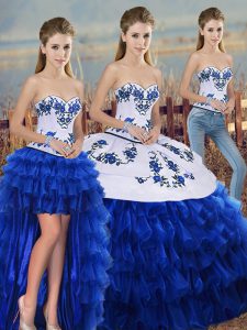 Glorious Royal Blue Three Pieces Embroidery and Ruffled Layers and Bowknot Quinceanera Dresses Lace Up Organza Sleeveles