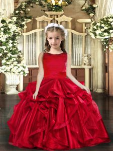 Floor Length Lace Up Child Pageant Dress Red for Party and Wedding Party with Ruffles