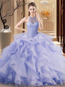 Brush Train Ball Gowns 15 Quinceanera Dress Lavender Halter Top Organza Sleeveless Lace Up