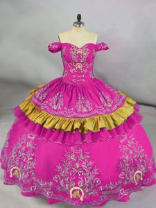 Fitting Fuchsia Sleeveless Embroidery Floor Length 15 Quinceanera Dress