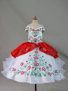 White And Red Off The Shoulder Neckline Embroidery and Ruffles Little Girl Pageant Dress Sleeveless Lace Up