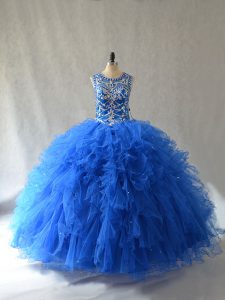 Graceful Blue Scoop Neckline Beading and Ruffles 15th Birthday Dress Sleeveless Side Zipper