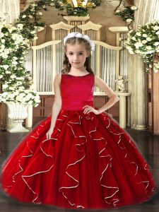 Dramatic Red Lace Up Kids Formal Wear Ruffles Sleeveless Floor Length