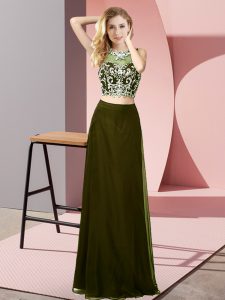 Olive Green Prom Dress Prom and Party with Beading Scoop Sleeveless Backless