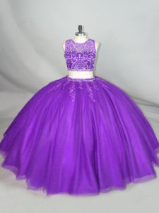 Fantastic Purple Two Pieces Scoop Sleeveless Tulle Zipper Beading Quince Ball Gowns