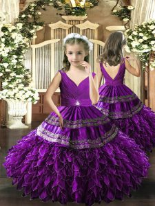 Eggplant Purple V-neck Neckline Beading and Appliques and Ruffles and Ruching Kids Pageant Dress Sleeveless Backless