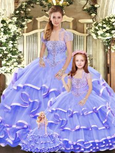 Dazzling Lavender Organza Lace Up Strapless Sleeveless Floor Length Quinceanera Dress Beading and Ruffled Layers