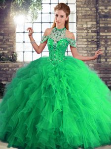Halter Top Sleeveless Lace Up Sweet 16 Dress Green Tulle