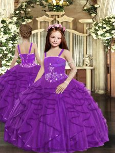 Latest Ball Gowns Little Girls Pageant Gowns Purple Straps Tulle Sleeveless Floor Length Lace Up