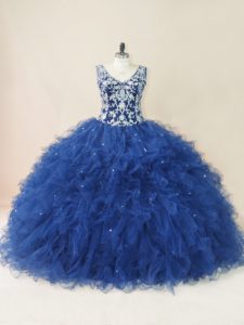 Navy Blue 15th Birthday Dress Sweet 16 and Quinceanera with Embroidery and Ruffles V-neck Sleeveless Backless