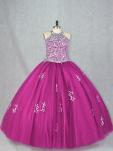Fuchsia Tulle Lace Up Sweet 16 Dress Sleeveless Floor Length Beading and Appliques