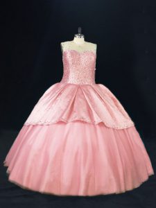 Chic Pink Ball Gowns Beading Quinceanera Dress Lace Up Tulle Sleeveless Floor Length