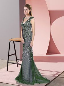 Sumptuous Green Sleeveless Tulle Sweep Train Zipper Prom Party Dress for Prom and Party