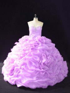 Lavender Sweetheart Lace Up Beading and Pick Ups and Hand Made Flower Sweet 16 Dress Court Train Sleeveless