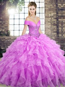 Beautiful Lilac Off The Shoulder Lace Up Beading and Ruffles Quinceanera Dress Brush Train Sleeveless