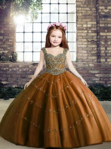 Elegant Beading Pageant Dress for Teens Brown Lace Up Sleeveless Floor Length