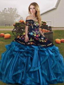 Floor Length Lace Up Vestidos de Quinceanera Blue And Black for Military Ball and Sweet 16 and Quinceanera with Embroide
