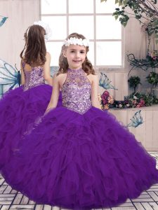 Customized Tulle High-neck Sleeveless Lace Up Beading and Ruffles Little Girl Pageant Dress in Purple