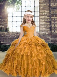 Floor Length Gold Little Girl Pageant Dress Straps Sleeveless Lace Up