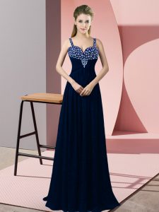 Modest Sleeveless Floor Length Beading Zipper Prom Gown with Navy Blue
