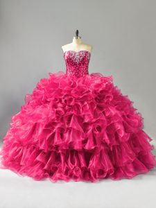 Pretty Hot Pink Sleeveless Organza Lace Up 15th Birthday Dress for Sweet 16 and Quinceanera