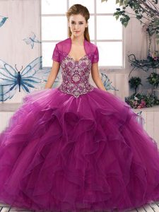 Fuchsia Quinceanera Gown Military Ball and Sweet 16 and Quinceanera with Beading and Ruffles Off The Shoulder Sleeveless