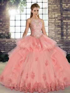 Simple Watermelon Red Scoop Neckline Lace and Embroidery and Ruffles Quinceanera Gown Sleeveless Lace Up