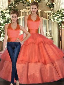 Clearance Orange 15 Quinceanera Dress Sweet 16 and Quinceanera with Ruffled Layers Halter Top Sleeveless Lace Up