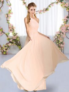 Great Peach Lace Up Wedding Party Dress Ruching Sleeveless Floor Length